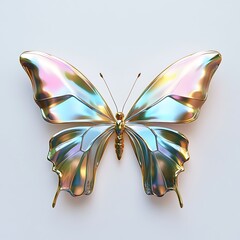 Fototapeta premium Iridescent Butterfly with Golden Accents A Symbol of Transformation Beauty and Hope Shining Against a Plain Backdrop Depicting Metamorphosis and Resilience