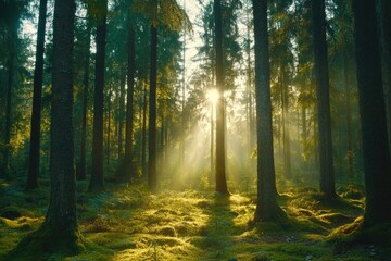 Naklejka premium Sunlight streams through a misty forest