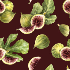 Figs with green leaves watercolor seamless pattern. Ripe whole and cut fruit fabric design. Plant, botanical clipart for jam, food label, wallpaper. Hand drawn illustration. Isolated dark background.