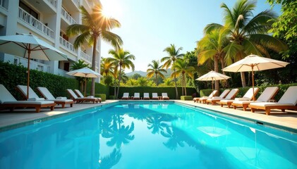 Brightly lit swimming pool with empty sun loungers, blue, summertime, relaxation