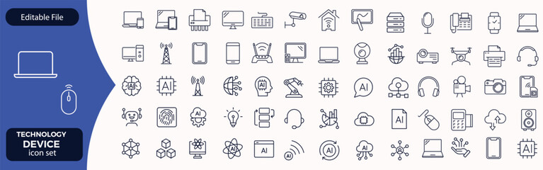 Electronics and Devices web icons in line style. Computing, social network, management, internet, network, programming, Internet connection collection. Vector illustration