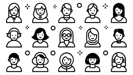 Female Head Line Icon Set Vector Pictograms Representing Beauty and Fashion Concepts