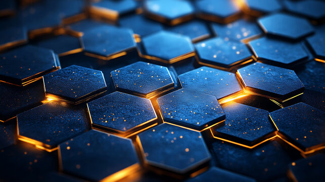 Abstract dark blue hexagon pattern with golden edges glowing background for technological and scientific applications