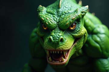 Fototapeta premium Close-up of vibrant green monster, textured skin, sharp teeth, intense gaze , night, horror, green