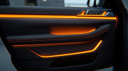 Modern car door interior with sleek design, featuring illuminated orange LED ambient lighting and premium materials for a luxurious look.