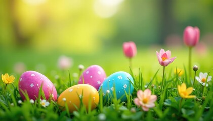 Colorful Easter eggs hidden in spring grass, April flowers Festive spring holiday scene , outdoor, green grass