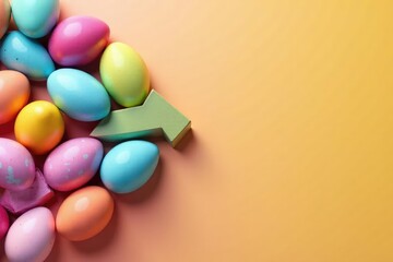 Obraz premium Colorful eggs arranged in a vector arrow shape, vibrant spring backdrop , vivid, weekend