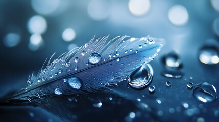 Feather with water droplets in blue hues against a bokeh background.