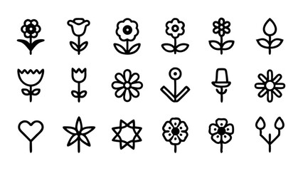 Flower line icon set featuring vector pictograms of roses and tulips, suitable for floral design applications and botanical illustrations