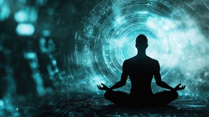 Obraz premium Silhouette of meditating figure surrounded by swirling digital p