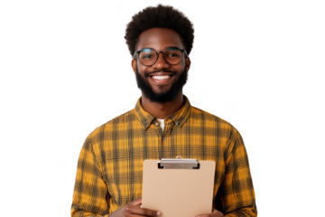 Smiling man with glasses holding a clipboard, wearing a yellow plaid shirt.