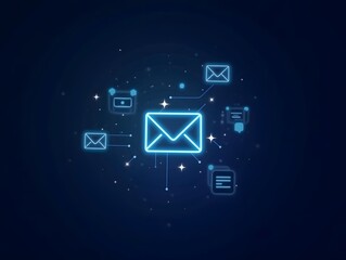Fototapeta premium Abstract email communication concept with glowing envelope icons and data streams