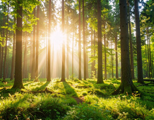 Obraz premium シネマ風の朝日が差し込む森