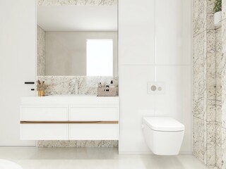 Elegant bathroom with a floating vanity, marble-textured walls, and a wall-mounted toilet. Minimalist design, soft lighting, and natural tones create a calm, refined atmosphere