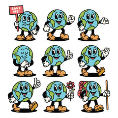 Vintage Cartoon Earth Mascot Set, Eco Friendly World Character Collection