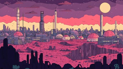 Retro pixel art cityscape futuristic metropolis with vibrant sunset and towering skyscrapers in vintage gaming aesthetic