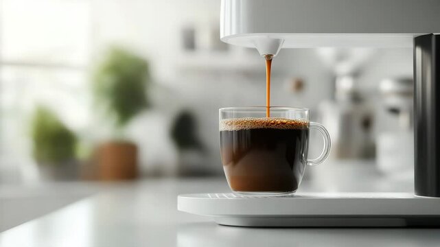 Aromatic coffee being brewed into a glass cup, filling with rich, dark liquid