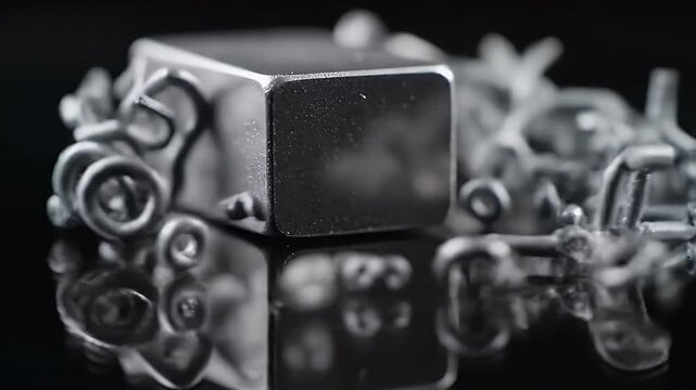 Abstract Metal Cube Surrounded by Silver Rings on Dark Reflective Surface