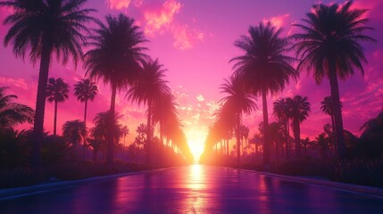 Sunset Paradise: Palm Tree Lined Road