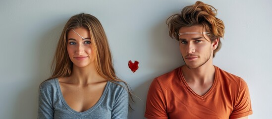 Couple's  Playful  Portrait with a  Heart  on the Wall