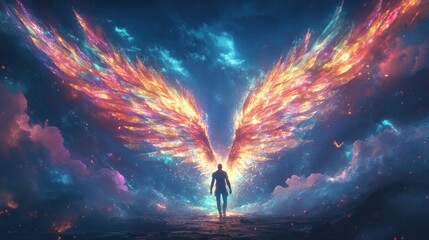 Celestial Wings: A Man Stands Before a Magnificent Pair of Cosmic Wings