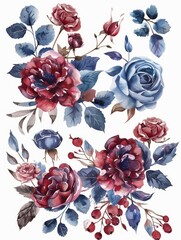 Blue flowers, pink and burgundy roses, twigs, and leaves for floral compositions and watercolor frames