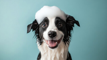 Fototapeta premium A fluffy border collie dog with soap foam bubbles on its head smiles enjoys bath time happy on light blue background. fun pet grooming hygiene playful cute poster