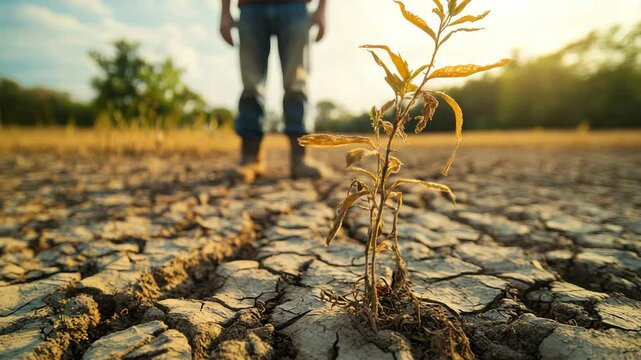Dry land with cracked earth in the foreground, a person standing in the background