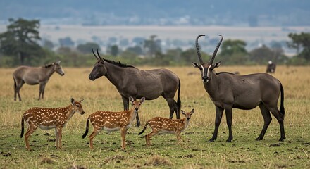 Antelopes Standing in Savannah Field, Outdoor Wildlife