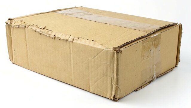 Damaged cardboard box on a white background revealing signs of wear and tear and indicating previous handling issues