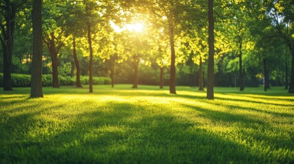 Lush green park bathed in golden sunlight