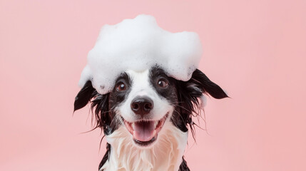 A fluffy border collie dog with soap foam bubbles on its head smiles enjoys bath time happy on light pink background. fun pet grooming hygiene playful cute poster