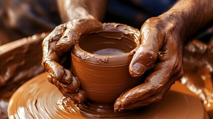 Sculptor&rsquo;s Hands Shaping Clay: Close-up of hands gently shaping a clay pot on a spinning wheel, the texture of the clay visible under the pressure of the fingers. 
