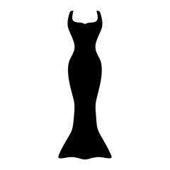 mermaid dress vector silhouette icon, black and white illustration of clothing.