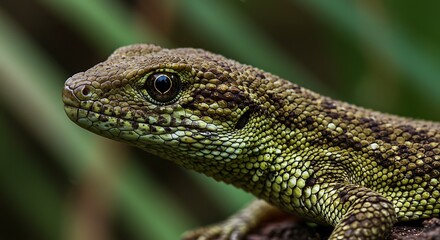 Naklejka premium Lizard Profile Close-up Scaly Reptile with Green Hues