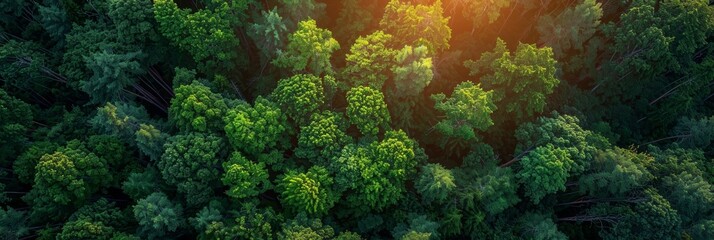 Breathtaking Green Forest Sunset View from Above, Vibrant Colors, Serene Natural Landscape, Aerial Perspective
