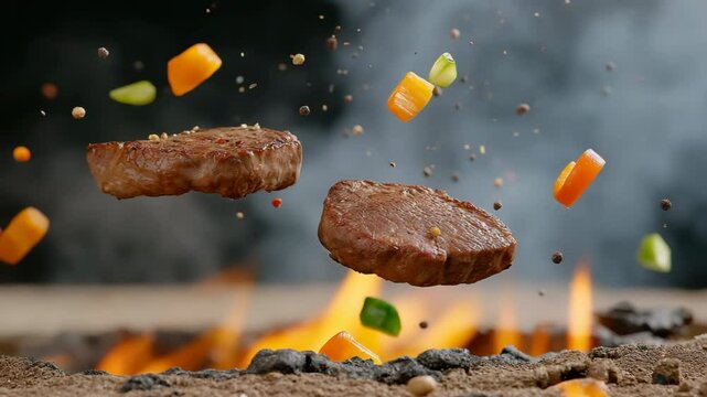 Two pieces of meat are flying through the air above a pile of vegetables. The scene is chaotic and energetic, with the meat and vegetables seemingly in a state of disarray