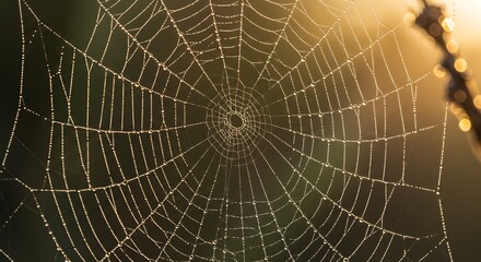Spiderweb Covered in Dew Drops Shines in Morning Light