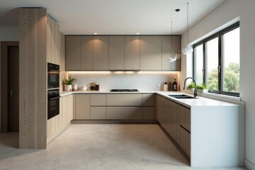 Modern kitchen renovation, sleek cabinets, quartz countertops, red, green