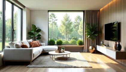 Fototapeta premium Modern minimalist living room with large window, comfortable sofa, and stylish decor , contemporary, house