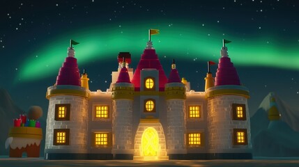 Fototapeta premium Enchanted Lego Castle Under Aurora Borealis Night Sky a Whimsical Winter Wonderland with Building Blocks Fantasy Architecture