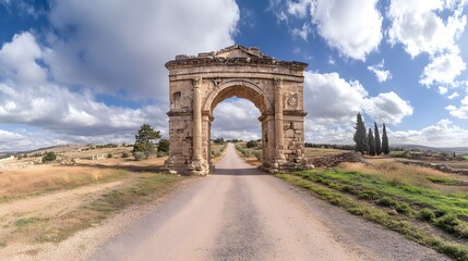 Fototapeta premium The grand entrance to the Roman city of Jerash, with its triumphal arch and columns lining the ancient roads