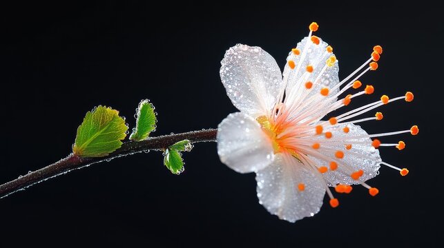 Macro shot of a fragile blossom with luminous orange stamen and velvety petals, emerging from shadows with moody lighting on a black backdrop
