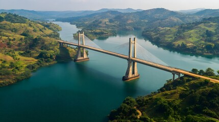 The iconic Adomi Bridge crossing the Volta River, a marvel of engineering surrounded by hills