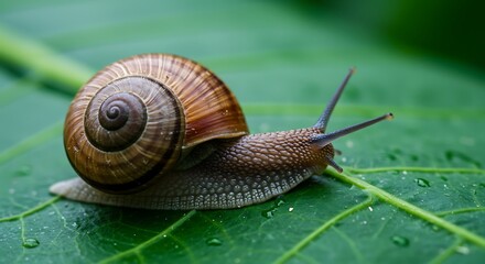 Snail Crawling on Green Leaf Macro Close-up