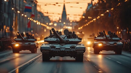 A military parade with modern tanks and aircraft, sharp details