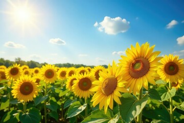 Fototapeta premium Sun-drenched field of ripe sunflowers in full bloom during summer harvest , summertime, rural