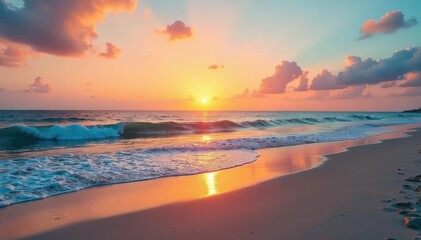 Obraz premium Tranquil beach background at sunset, soft sand, calm ocean waves , light, beautiful