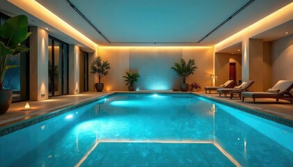 Tranquil indoor swimming pool scene with clear water and underwater lighting , health, pool, fitness