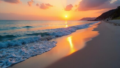 Obraz premium Tranquil sandy shore at sunset, calm waves gently lapping the sand , yellow, orange, blue